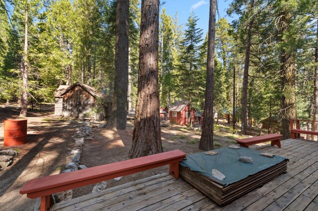 83634 Presidents Ln, Wilsonia, CA 93633 - wooden terrace with a storage shed