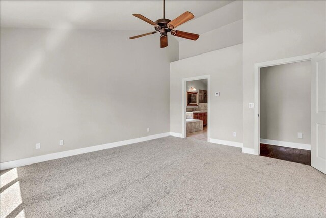 46453 Opah Dr, Ahwahnee, CA 93601 - unfurnished bedroom with carpet floors, high vaulted ceiling, ensuite bathroom, and ceiling fan