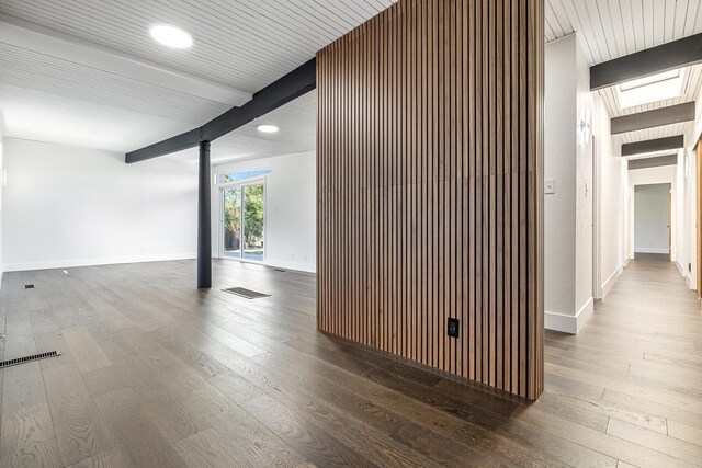 3862 N Orchard St, Fresno, CA 93726 - interior space featuring wood-type flooring, beamed ceiling, recessed lighting, and decorative columns
