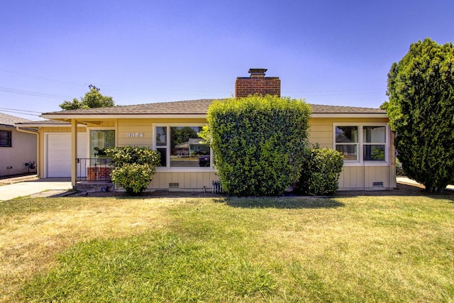 3364 E Princeton Ave, Fresno, CA 93703 - view of front of property featuring a chimney, a front yard, a garage, concrete driveway, and roof with shingles