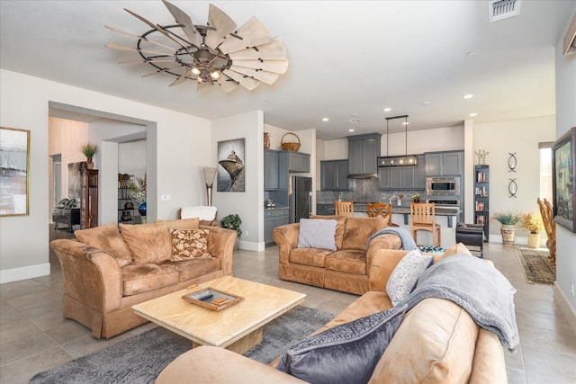 602 Pinnacle Dr W, Madera, CA 93636 - living room featuring light tile patterned floors, recessed lighting, and a ceiling fan