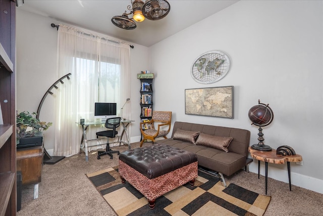 602 Pinnacle Dr W, Madera, CA 93636 - living area featuring carpet flooring, an office area, and vaulted ceiling