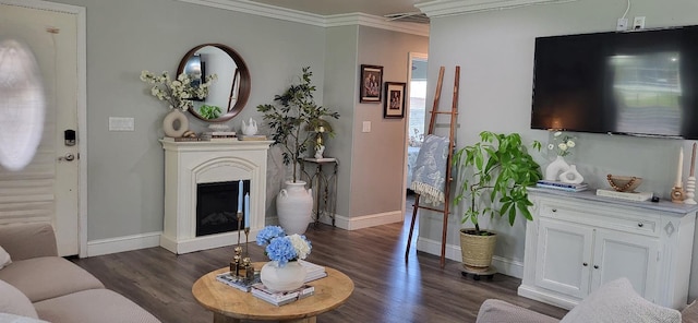 917 E Fountain Way, Fresno, CA 93704 - living area with ornamental molding, dark wood-style floors, and a fireplace