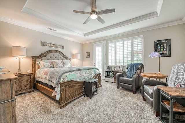 4626 N Arrow Ridge Way, Clovis, CA 93619 - bedroom featuring a tray ceiling, light carpet, crown molding, access to exterior, and a ceiling fan