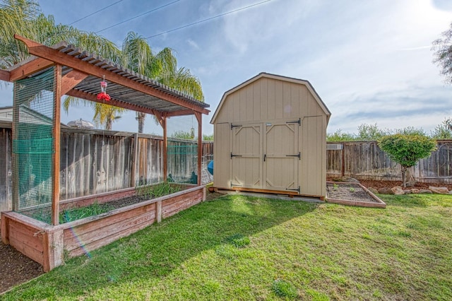 4626 N Arrow Ridge Way, Clovis, CA 93619 - view of shed featuring a garden, a fenced backyard, and a pergola