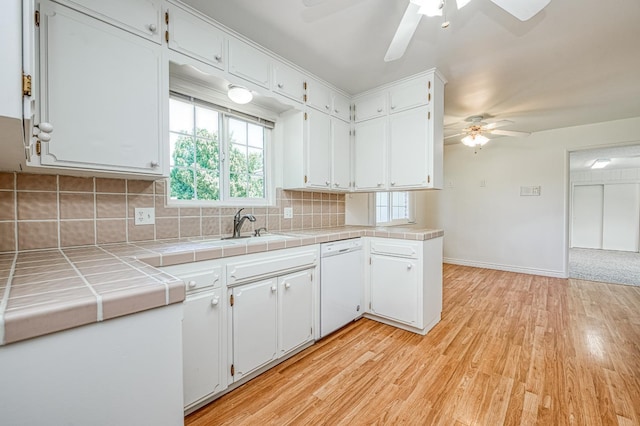 1445 W Ellery Way, Fresno, CA 93711 - kitchen featuring white dishwasher, ceiling fan, light wood-type flooring, and white cabinetry