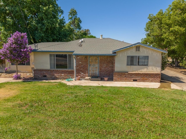 3684 W Belmont Ave, Fresno, CA 93722 - ranch-style home featuring brick siding, a front lawn, crawl space, and a shingled roof
