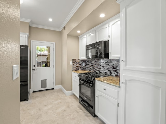 8147 N Cedar Unit 116, Fresno, CA 93720 - kitchen with black appliances, crown molding, white cabinetry, tasteful backsplash, and light stone counters