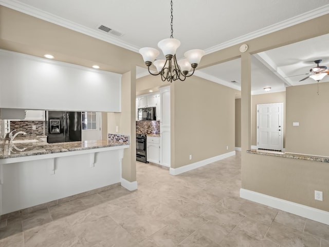 8147 N Cedar Unit 116, Fresno, CA 93720 - kitchen featuring black appliances, decorative backsplash, white cabinets, light stone countertops, and ceiling fan
