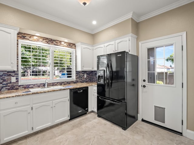 8147 N Cedar Unit 116, Fresno, CA 93720 - kitchen with black appliances, white cabinetry, tasteful backsplash, and ornamental molding