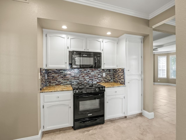8147 N Cedar Unit 116, Fresno, CA 93720 - kitchen with black appliances, ornamental molding, decorative backsplash, white cabinetry, and light tile patterned floors