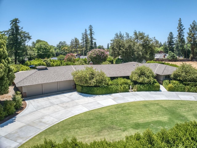 5679 N Van Ness Blvd, Fresno, CA 93711 - view of front of property with concrete driveway, a front yard, and a shingled roof