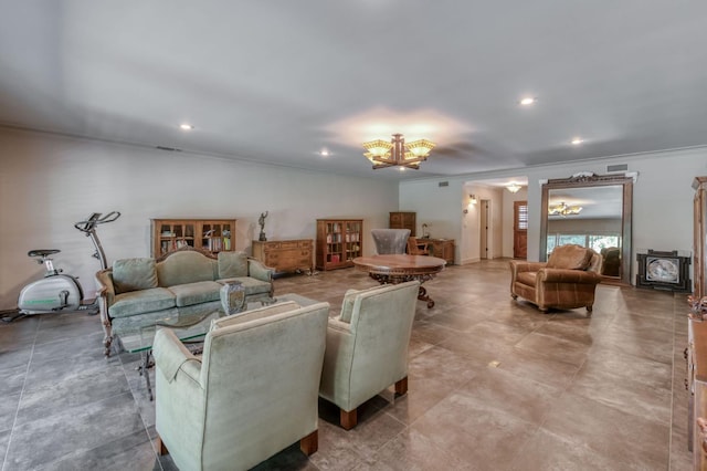 5679 N Van Ness Blvd, Fresno, CA 93711 - living room with a chandelier, crown molding, and recessed lighting