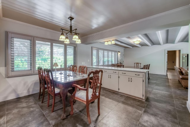 5679 N Van Ness Blvd, Fresno, CA 93711 - dining space featuring beamed ceiling, a chandelier, and crown molding