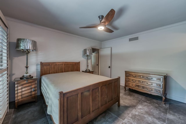 5679 N Van Ness Blvd, Fresno, CA 93711 - bedroom with ornamental molding, ceiling fan, and dark tile patterned flooring
