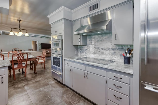 5679 N Van Ness Blvd, Fresno, CA 93711 - kitchen featuring appliances with stainless steel finishes, wall chimney exhaust hood, a warming drawer, gray cabinets, and decorative backsplash