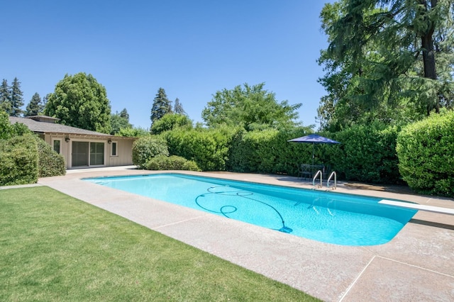 5679 N Van Ness Blvd, Fresno, CA 93711 - outdoor pool with a yard, a patio area, and a diving board