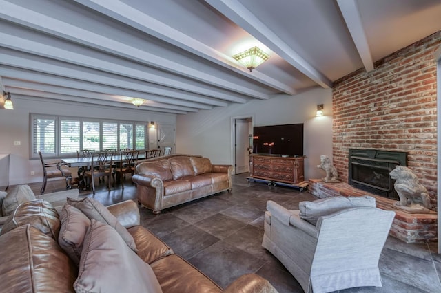 5679 N Van Ness Blvd, Fresno, CA 93711 - living room with a brick fireplace and beamed ceiling