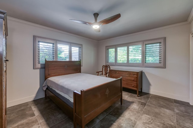5679 N Van Ness Blvd, Fresno, CA 93711 - bedroom with crown molding, a ceiling fan, and tile patterned floors