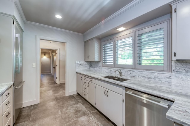 5679 N Van Ness Blvd, Fresno, CA 93711 - kitchen featuring dishwasher, crown molding, backsplash, and white cabinetry