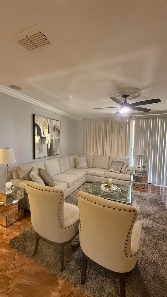 5335 E Hoxie Ave, Fresno, CA 93725 - living room featuring ornamental molding and ceiling fan