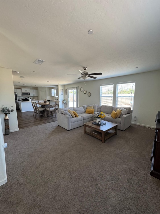 1905 George Ave, Sanger, CA 93657 - living area with dark colored carpet, a textured ceiling, and a ceiling fan