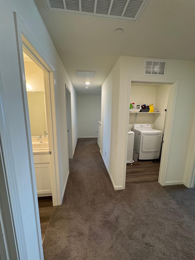 1905 George Ave, Sanger, CA 93657 - hallway featuring carpet floors, independent washer and dryer, and attic access