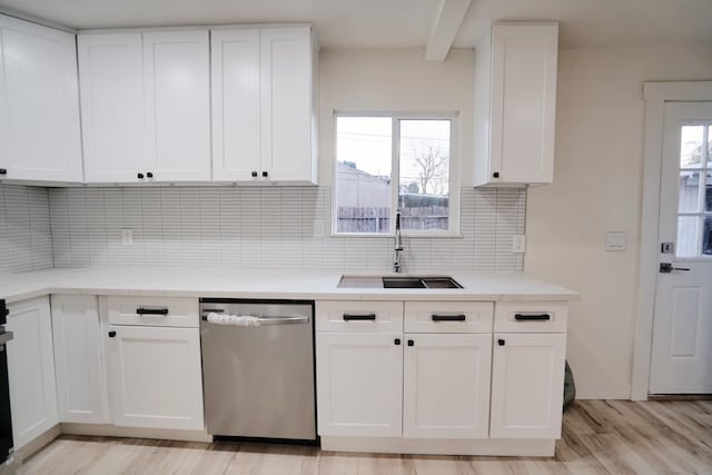 1530 E Home Ave, Fresno, CA 93728 - kitchen featuring dishwasher, light wood finished floors, white cabinetry, and backsplash