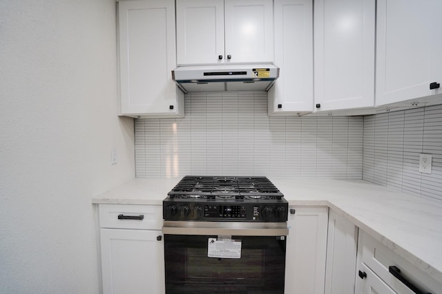 1530 E Home Ave, Fresno, CA 93728 - kitchen featuring range with gas stovetop, range hood, backsplash, and white cabinetry