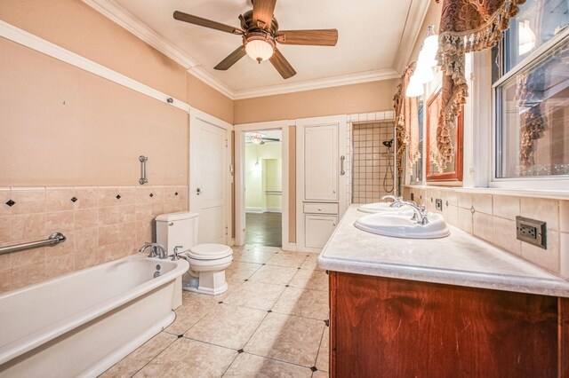 3303 E Mono Ave, Fresno, CA 93702 - full bath with a ceiling fan, double vanity, a bath, ornamental molding, and tile patterned floors