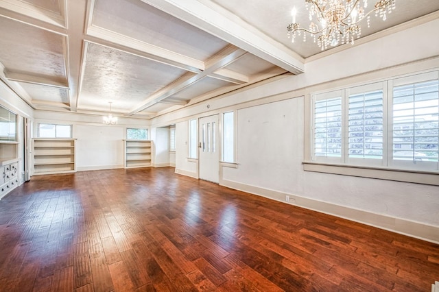 3303 E Mono Ave, Fresno, CA 93702 - unfurnished room with a chandelier, dark wood-type flooring, coffered ceiling, beam ceiling, and ornamental molding