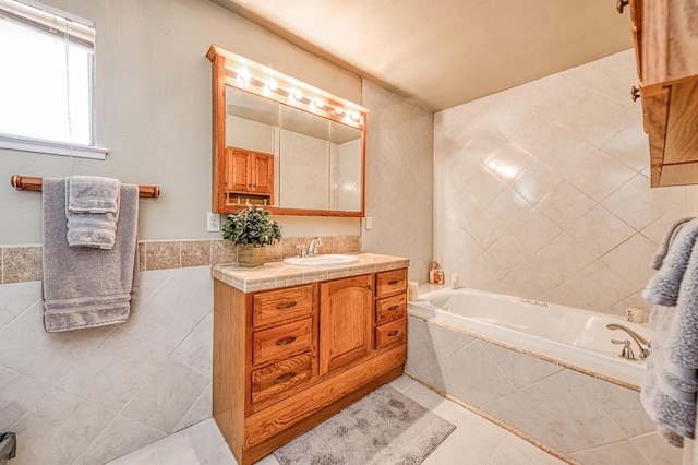 5400 Amber Ave, Clovis, CA 93619 - full bath featuring a garden tub, vanity, tile patterned flooring, and tile walls