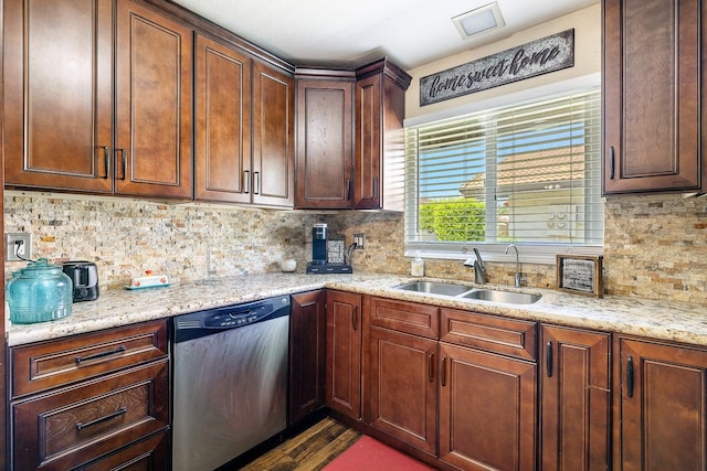 317 W Sierra Ave Unit 107, Fresno, CA 93704 - kitchen with stainless steel dishwasher, tasteful backsplash, and light stone counters