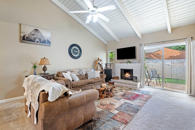 317 W Sierra Ave Unit 107, Fresno, CA 93704 - carpeted living room featuring a brick fireplace, ceiling fan, high vaulted ceiling, and a wooden ceiling with exposed beams