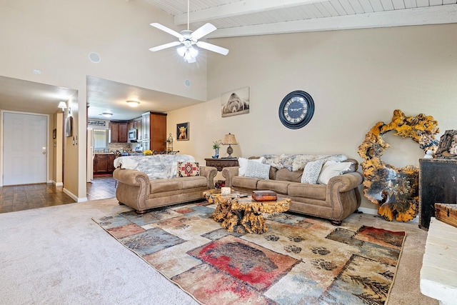 317 W Sierra Ave Unit 107, Fresno, CA 93704 - living area with beam ceiling, a ceiling fan, high vaulted ceiling, and carpet flooring