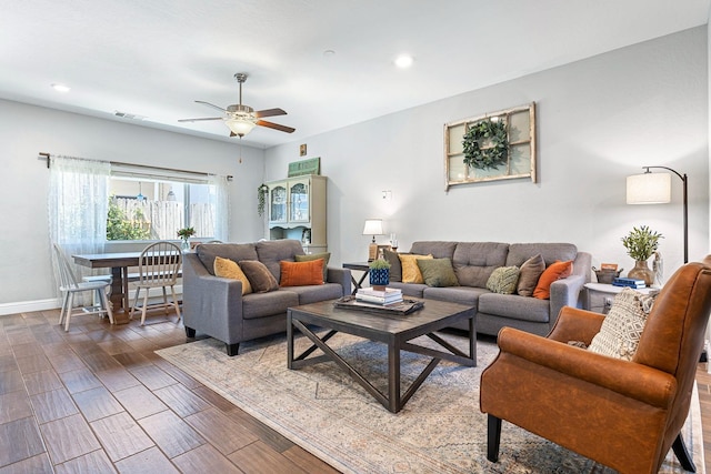 4053 Rialto Ave, Clovis, CA 93619 - living room with a ceiling fan, wood finished floors, and recessed lighting