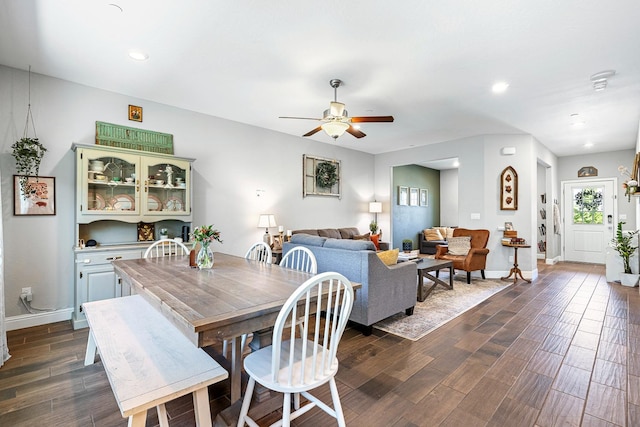4053 Rialto Ave, Clovis, CA 93619 - dining space with a ceiling fan, dark wood finished floors, and recessed lighting