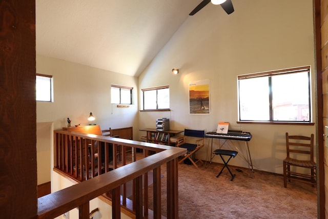 42045 Jeffrey Ln, Shaver Lake, CA 93664 - corridor with high vaulted ceiling, carpet, and an upstairs landing
