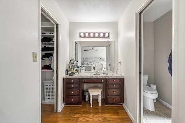 6658 N Thorne Ave, Fresno, CA 93711 - bathroom with vanity, a spacious closet, wood finished floors, and a ceiling fan