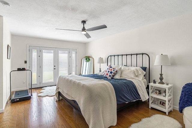 6658 N Thorne Ave, Fresno, CA 93711 - bedroom with access to exterior, wood-type flooring, french doors, a textured ceiling, and ceiling fan