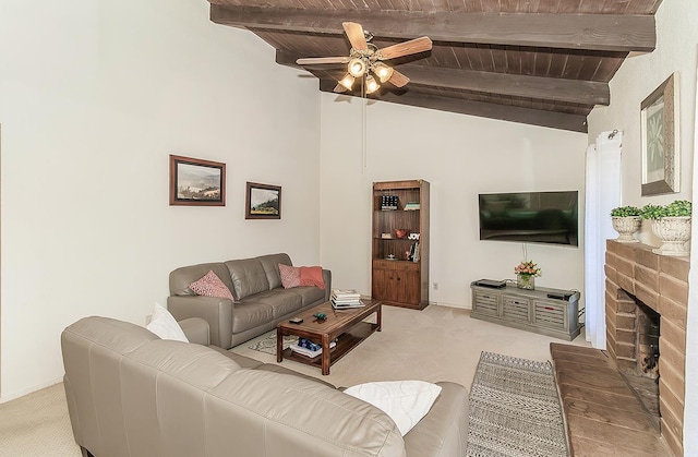 6338 N Maroa Ave Unit 115, Fresno, CA 93704 - living area with carpet, a ceiling fan, wood ceiling, and a brick fireplace