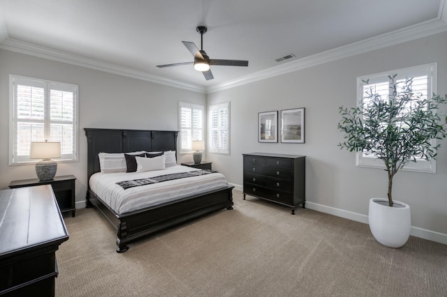 4994 W Minarets Ave, Fresno, CA 93722 - bedroom featuring crown molding, light carpet, multiple windows, and ceiling fan