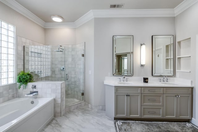 4994 W Minarets Ave, Fresno, CA 93722 - full bath with a stall shower, a garden tub, crown molding, double vanity, and marble finish flooring