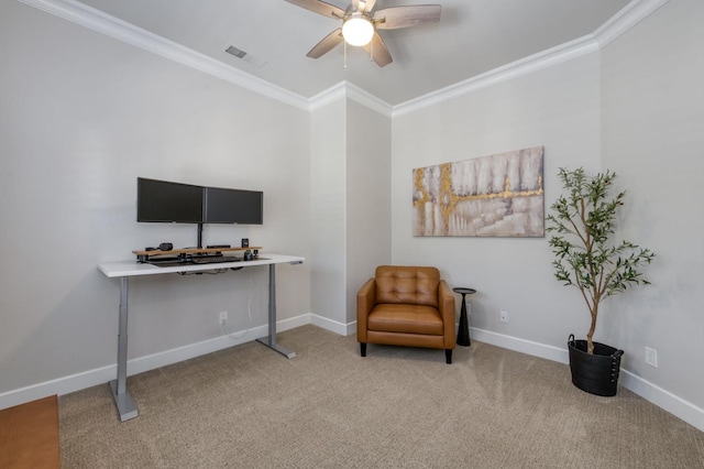 4994 W Minarets Ave, Fresno, CA 93722 - living area featuring crown molding, a ceiling fan, and light carpet