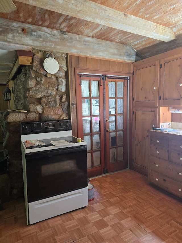 83703 Hazel, Wilsonia, CA 93633 - kitchen featuring electric stove, french doors, and a wooden ceiling with exposed beams