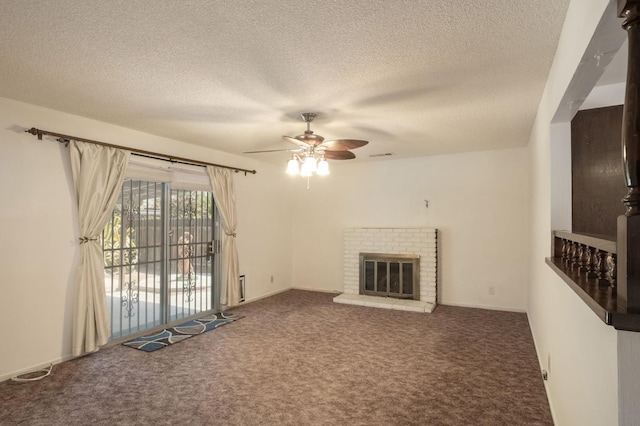 4835 E Normal Ave, Fresno, CA 93703 - unfurnished living room featuring carpet floors, a ceiling fan, a textured ceiling, and a brick fireplace