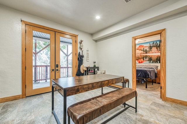 40862 Village Pass Ln, Shaver Lake, CA 93664 - dining space with french doors, light stone finish floors, and recessed lighting