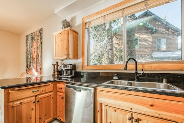 40862 Village Pass Ln, Shaver Lake, CA 93664 - kitchen with stainless steel dishwasher, a peninsula, and dark countertops
