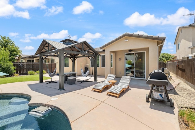 3143 Celeste Ave, Clovis, CA 93619 - rear view of property with a gazebo, ceiling fan, stucco siding, a fenced backyard, and a patio area