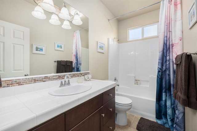 3143 Celeste Ave, Clovis, CA 93619 - bathroom with vanity, shower / bath combo with shower curtain, decorative backsplash, and a chandelier